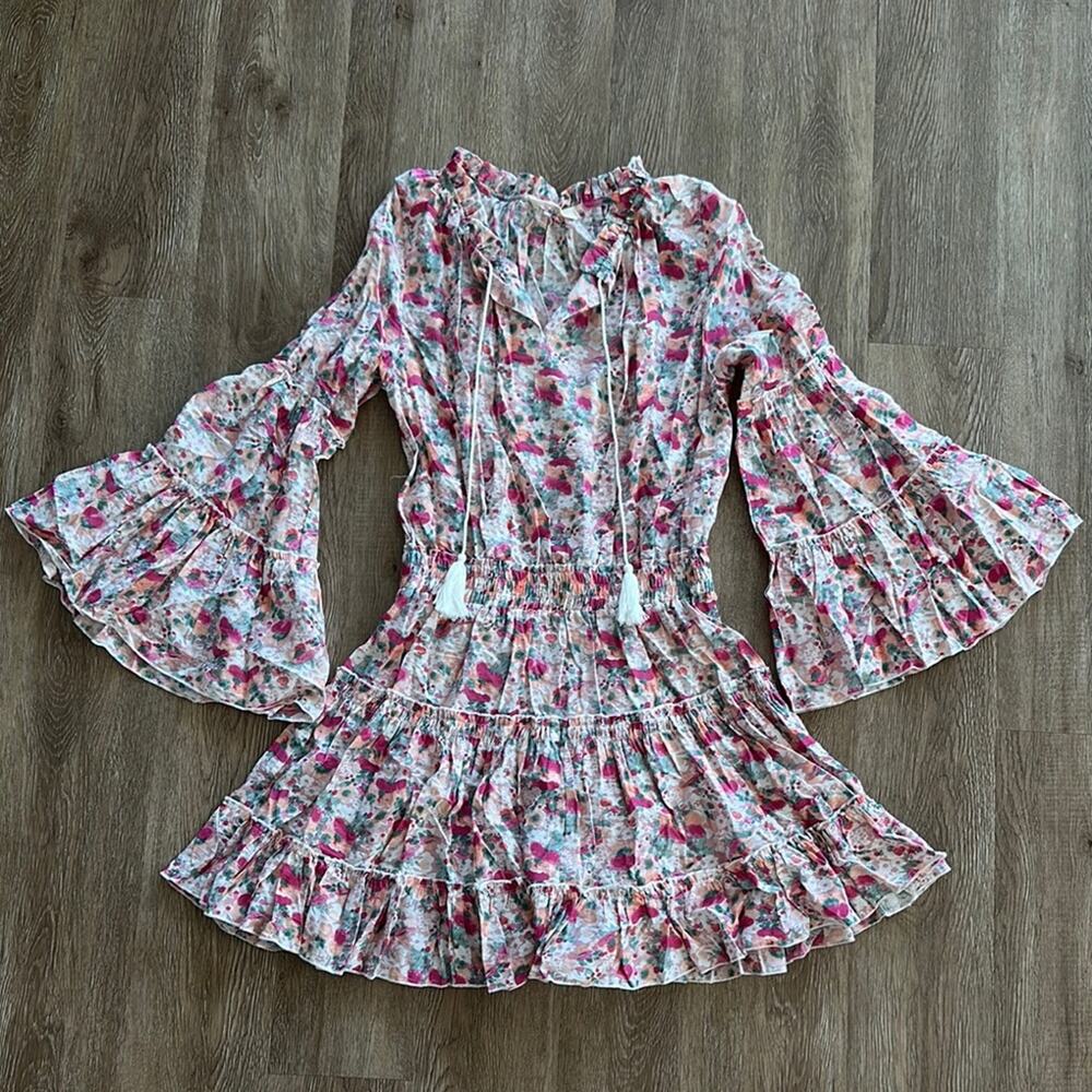 Fanco Boho Floral Bell Sleeve Tiered V-Neck‎ Dress Size Large